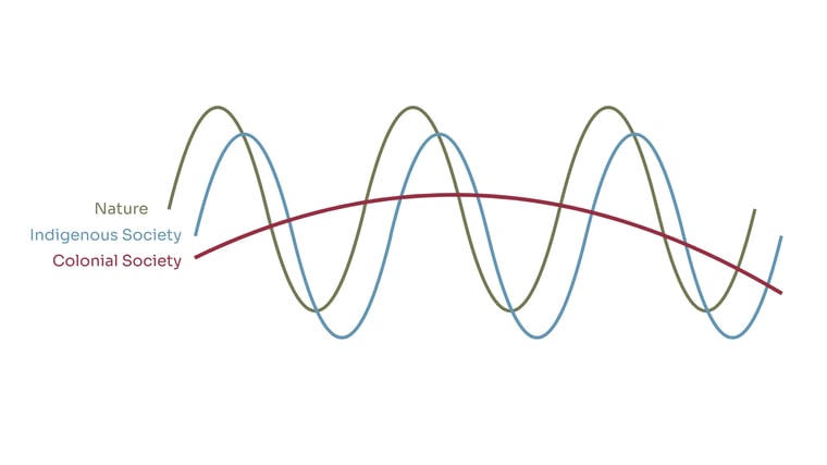 The lines representing nature and Indigenous society mirror each others' curves. The line representing colonial society is straight