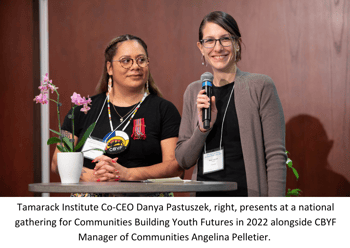 Tamarack Institute Co-CEO Danya Pastuszek, right, presents at a national gathering for Communities Building Youth Futures in 2022 alongside CBYF Manager of Communities Angelina Pelletier. 