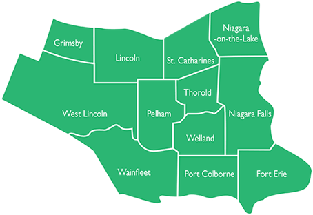 Map of the Municipalities of the Niagara Region: A map showing the southeastern most tip of Ontario, just west of the US border. The map includes outlines of the following municipalities: The area includes the municipalities of Fort Erie, Grimsby, Lincoln, Niagara-on-the-Lake, Niagara Falls, Pelham, Port Colborne, St. Catharines, Thorold, Wainfleet, Welland, and West Lincoln.