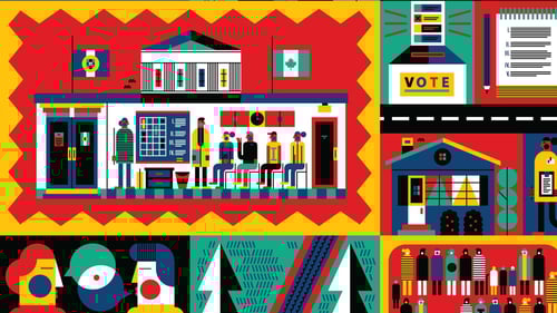 An artistic depiction of individuals in a meeting, with a vote sign