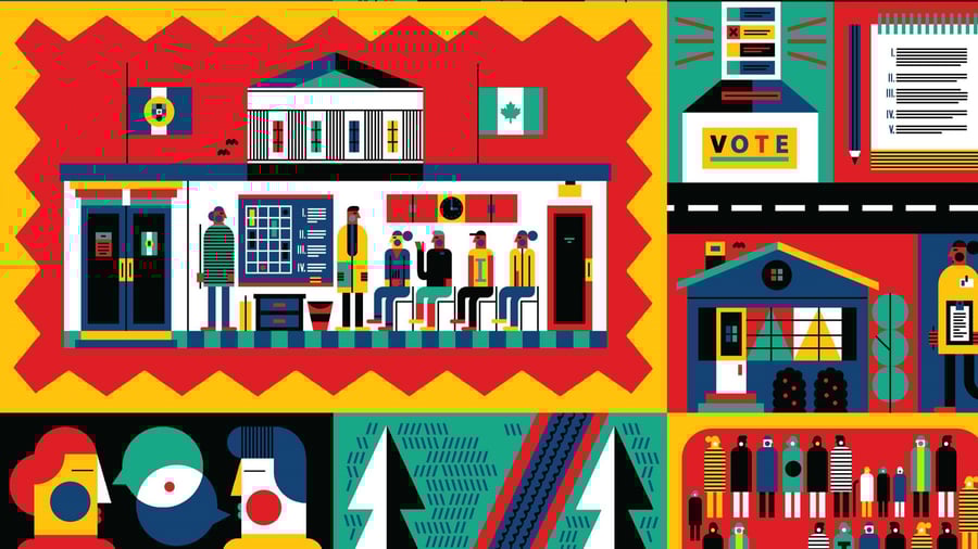 An artistic depiction of individuals in a meeting, with a vote sign