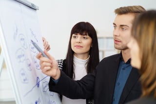 Young businessman having a serious discussion with two female co-workers as they stand together discussing a hand written flip chart.jpeg