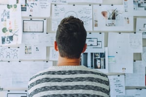 person looking at wall of plans