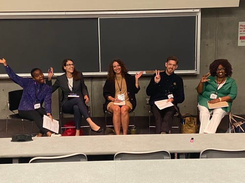 Photo of Njoki Mbũrũ, Danya Pastuszek, Marcie DeWitt, Anur Mehdic, and Margaret Wanyoike at the Victoria Forum in August 2024. 