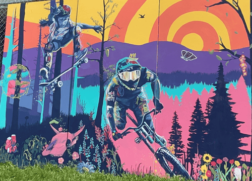 Colourful painting of individual riding bike through forest