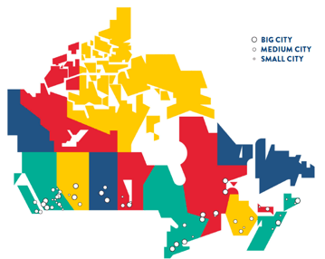 An image of the map of Canada, with a legend for big, medium, and small cities