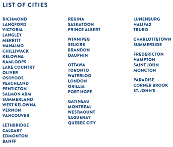The list of cities included in this report is, Richmond, Langford, Victoria, Langley, Merritt, Nanaimo, Chilliwack, Kelowna, Kamloops, Lake Country, Oliver, Osoyoos, Peachland, Penticton, Salmon Arm, Summerland, West Kelowna, Vernon, Vancouver, Lethbridge, Calgary, Edmonton, Banff, Regina, Saskatoon, Prince Albert, Winnipeg, Selkirk, Brandon, Dauphin, Ottawa, Toronto, Waterloo, London, Orillia, Port Hope, Gatineau, Montreal, Westmount, Saguenay, Quebec City, Lunenburg, Halifax, Truro, Charlottetown, Summerside, Fredericton, Hampton, Saint John, Moncton, Paradise, Corner Brook, St. John's